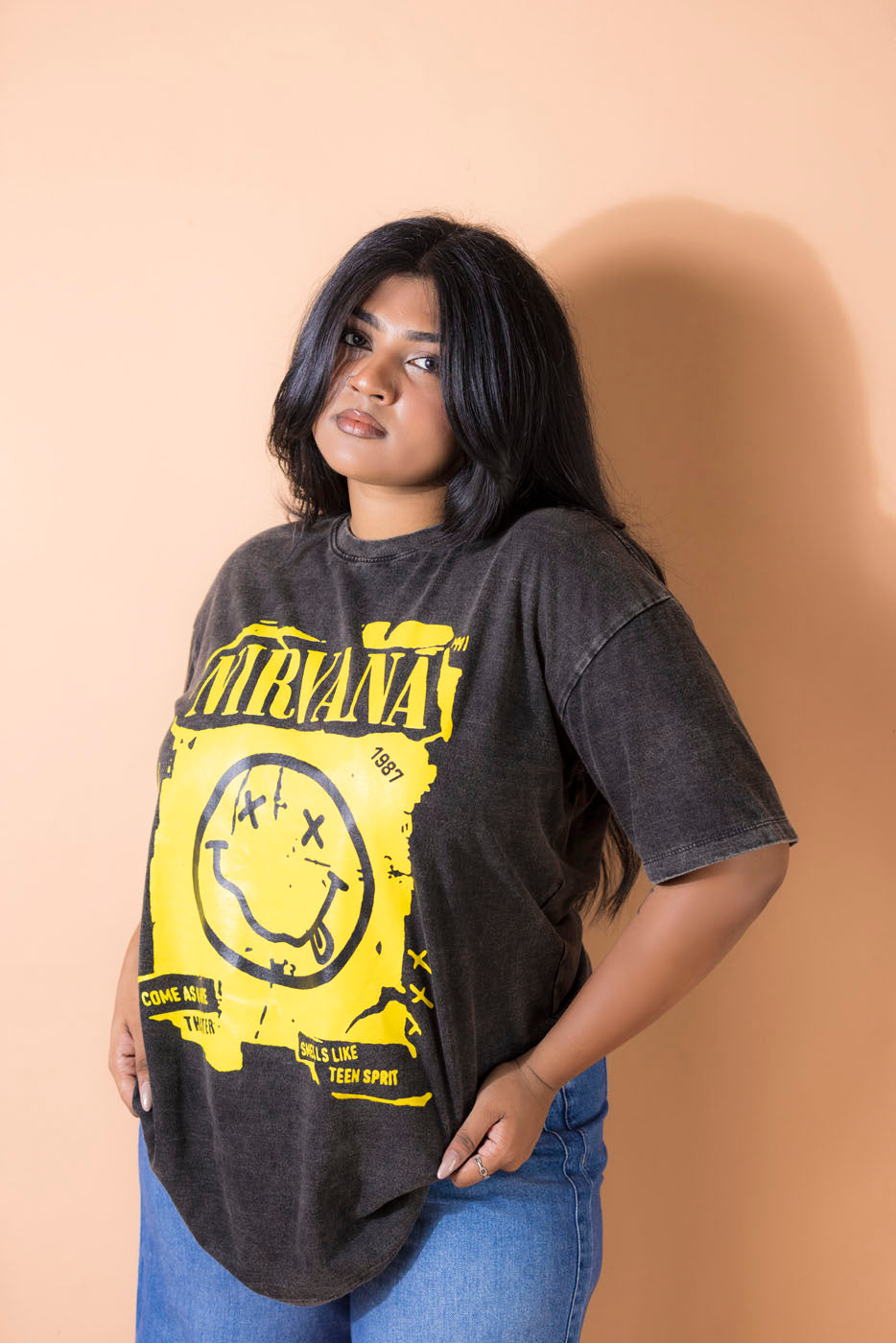 Nirvana Patch Print Acid Washed +Size Tee