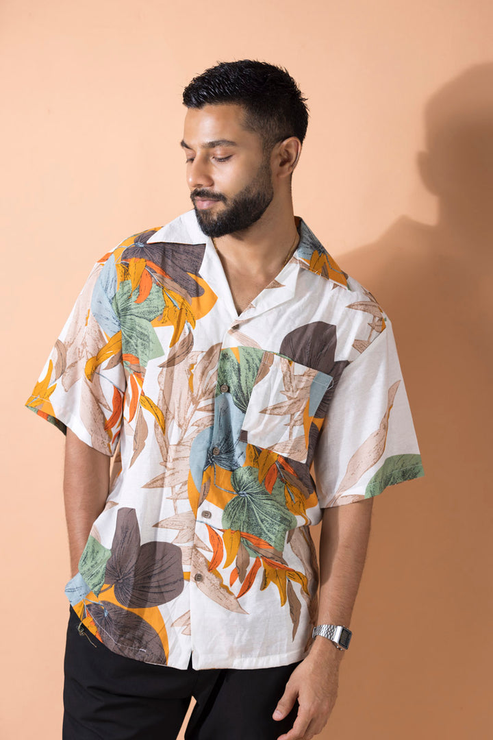 Oversized Relaxed Revere Shirt - Tropical Print