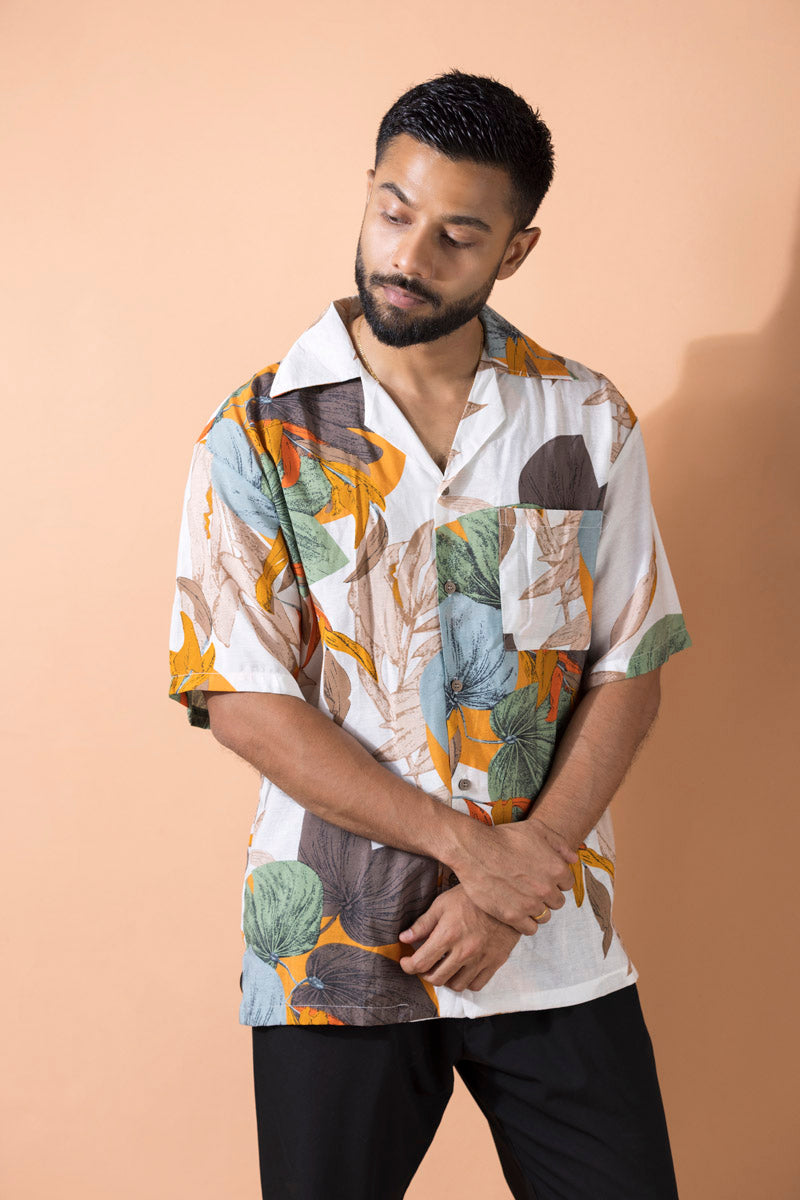 Oversized Relaxed Revere Shirt - Tropical Print