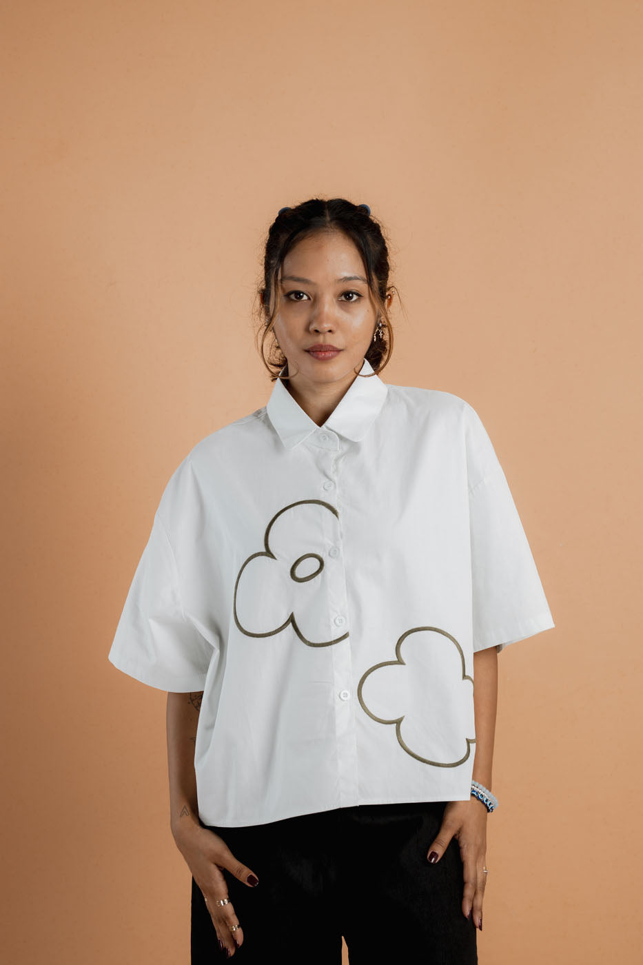 Flower Embroidery Crop Shirt