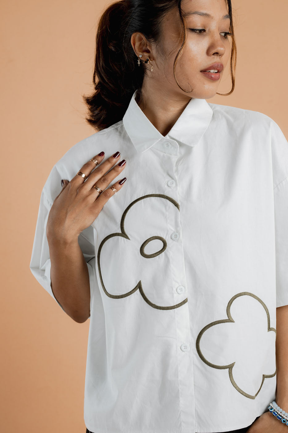 Flower Embroidery Crop Shirt