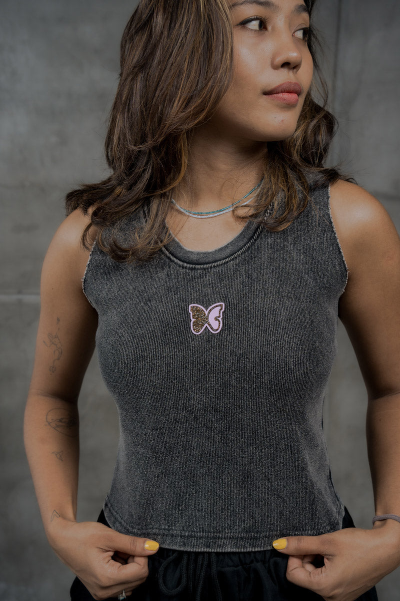 Women's Acid Wash Ribbed Tank w/ Butterfly Logo