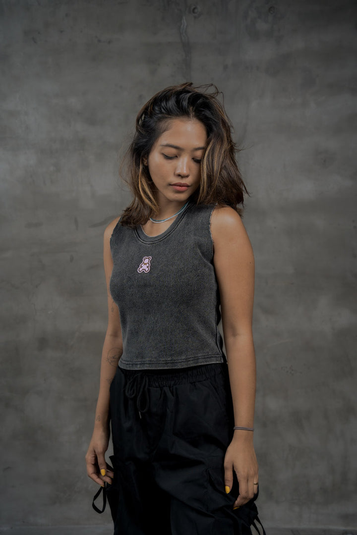 Women's Acid Wash Ribbed Tank w/ Bear Logo