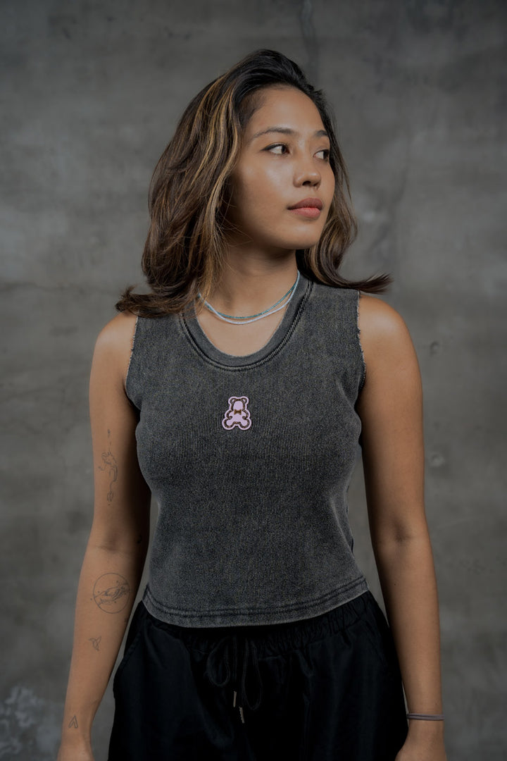 Women's Acid Wash Ribbed Tank w/ Bear Logo