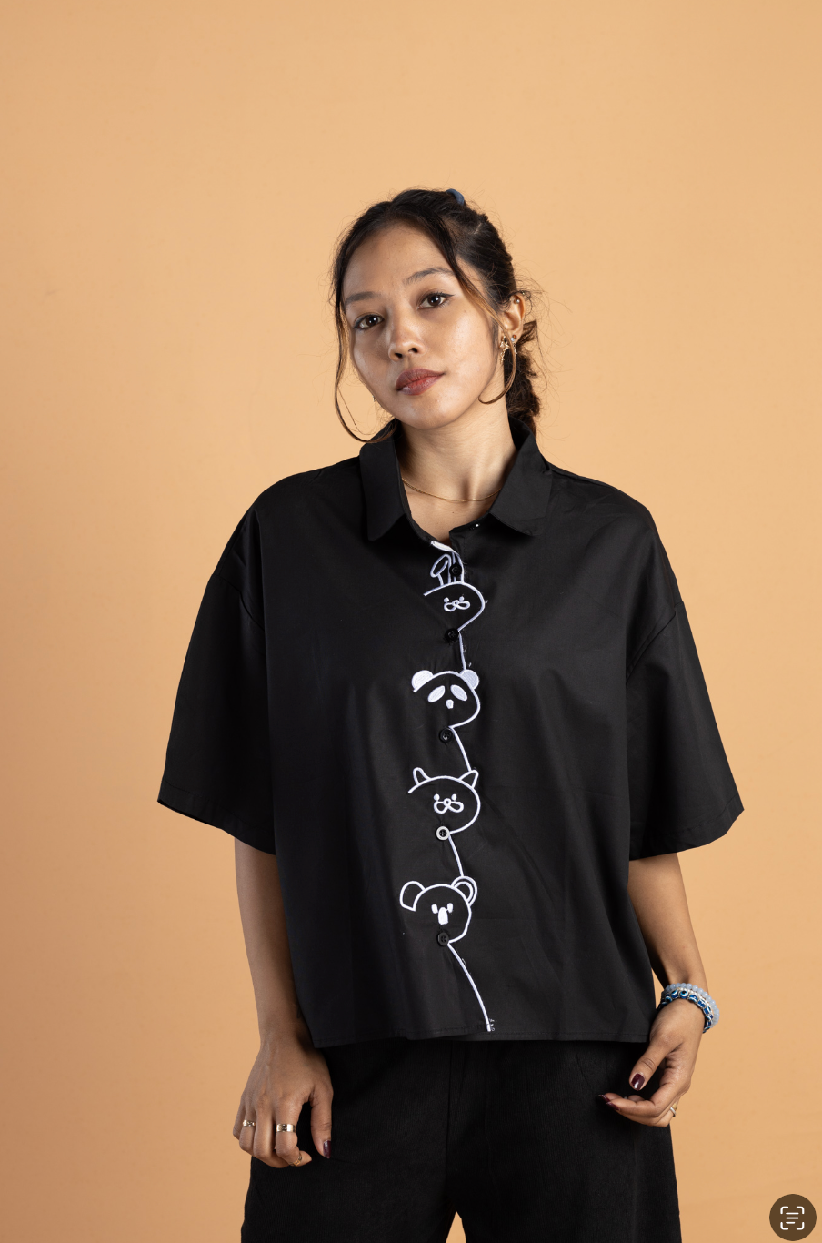 Panda Button Crop Shirt